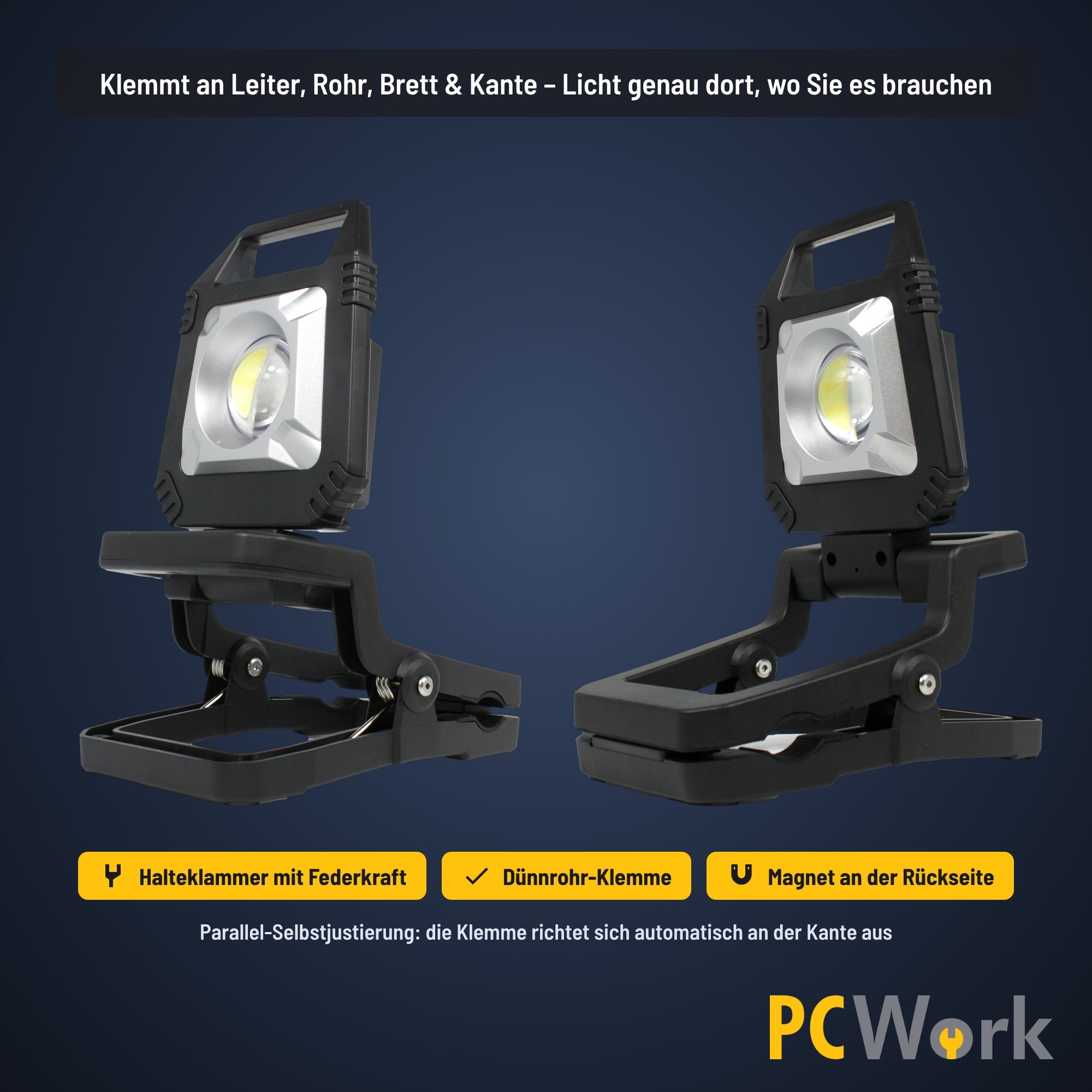 PCW12P LED-Leuchte mit federgestützter Halteklammer, Dünnrohr-Klemme und starkem Magneten