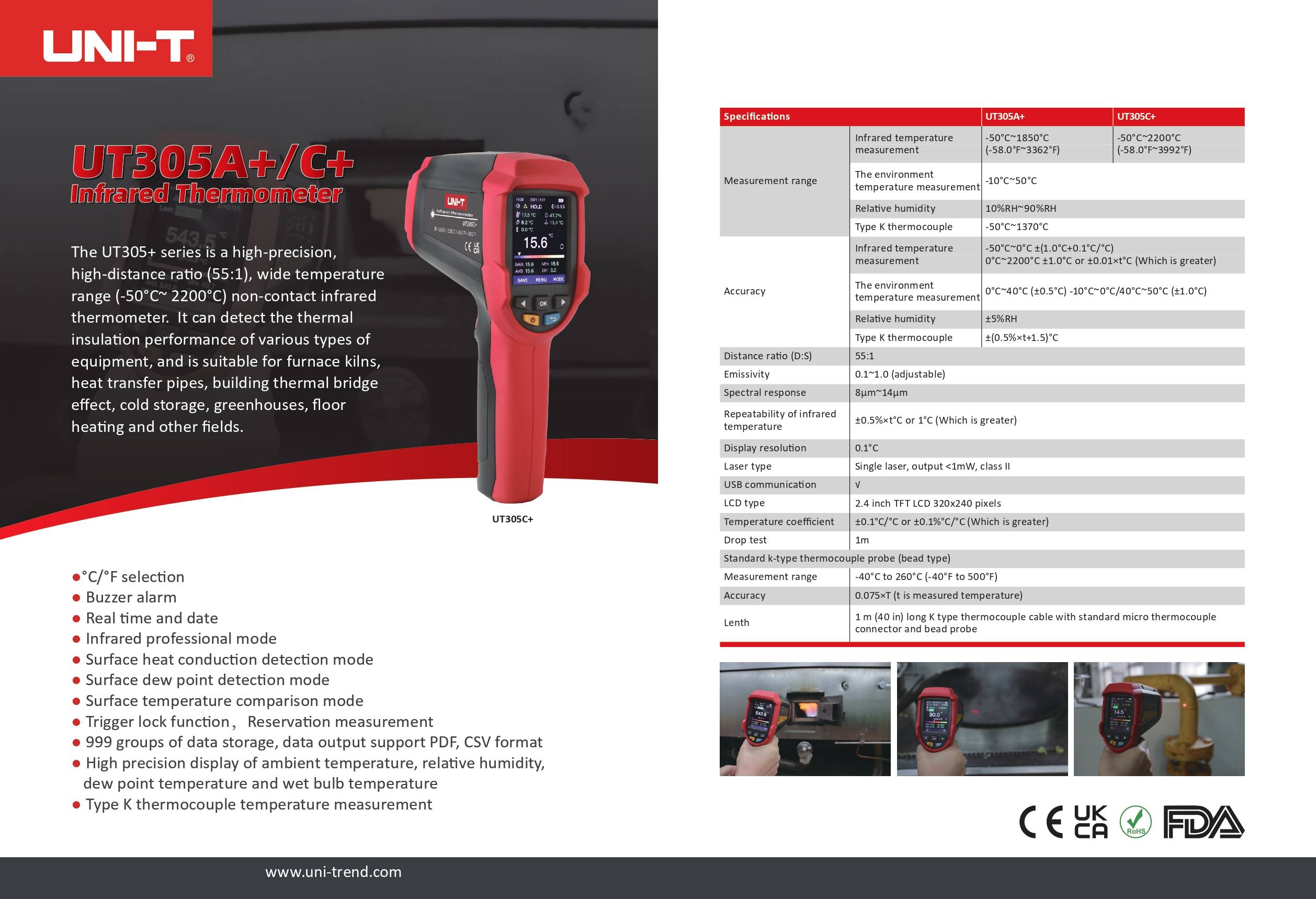 Datenblatt des UNI-T UT305C+ Infrarot-Thermometers mit allen technischen Spezifikationen, inklusive Messbereich von -50°C bis 2200°C und D:S Verhältnis von 55:1.