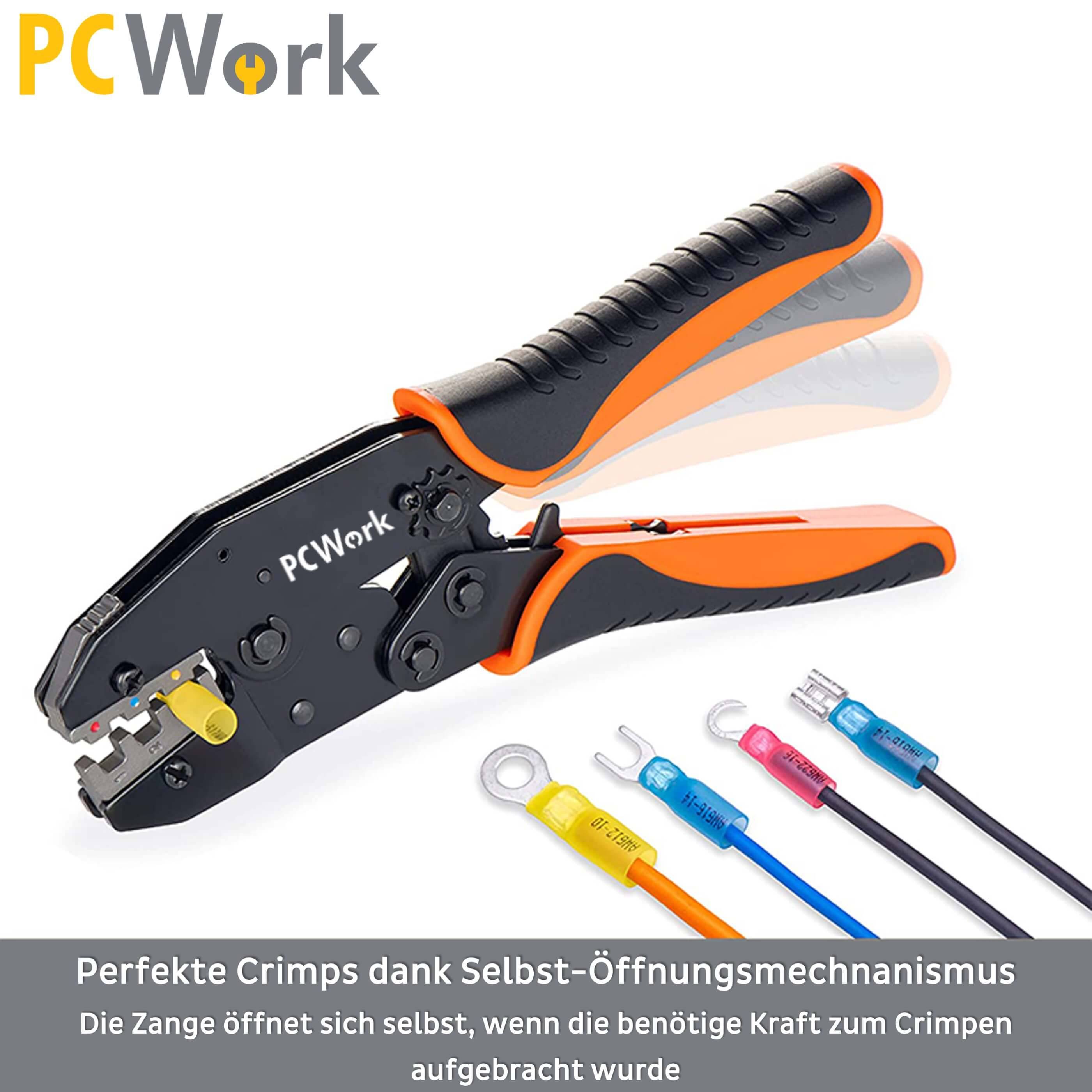 PCW04B Crimpzange mit Selbst-Öffnungsmechanismus, der nach dem Pressvorgang für perfekte Crimps automatisch entriegelt.