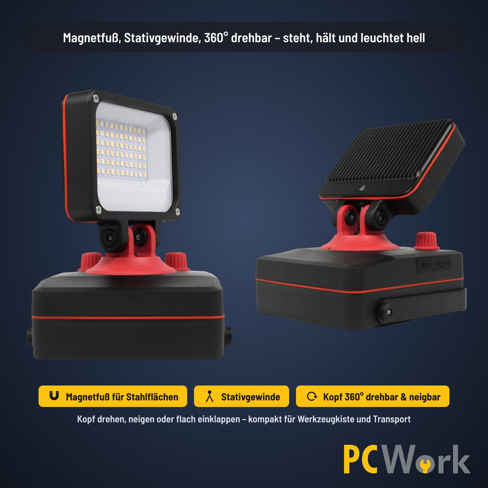 PCW12Q LED-Strahler mit Magnetfuß, Stativgewinde und 360-Grad-Drehkopf
