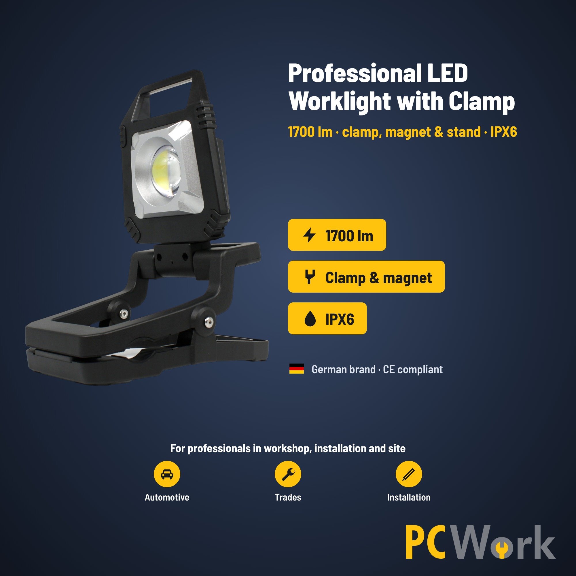 Englische Übersichtsgrafik der PCW12P Leuchte mit 1700 Lumen, Klemme und IPX6