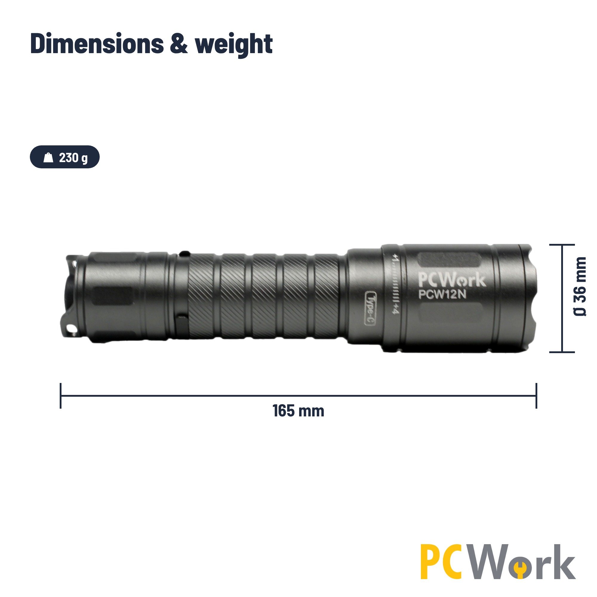 PCW12N Abmessungen und Gewichtsgrafik auf Englisch mit 165 mm Gesamtlänge und 230 g