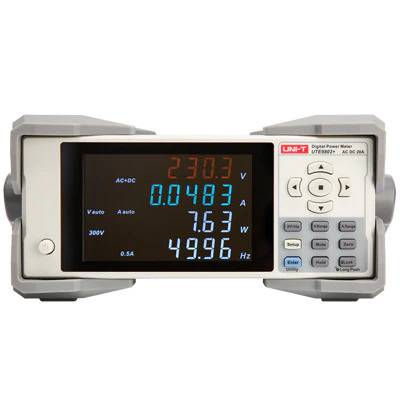 Frontansicht des UNI-T UTE9802+ Leistungsmessers mit True RMS AC+DC Messung von Spannung, Strom, Leistung und Frequenz auf dem Display.