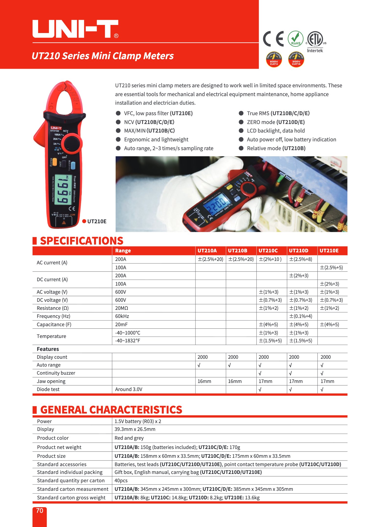 Technisches Datenblatt Seite 1: Spezifikationen und Merkmale der UNI-T UT210E Stromzangen-Serie