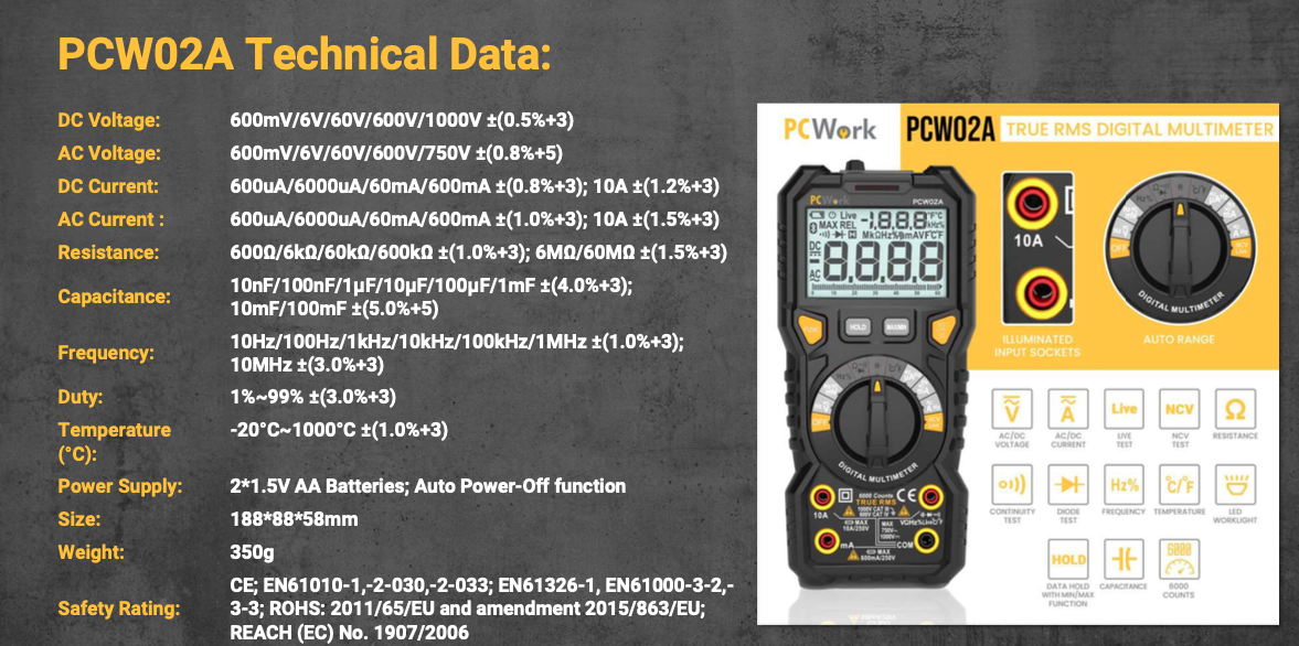 PCW02A Digitalmultimeter, True RMS, CAT IV 600V