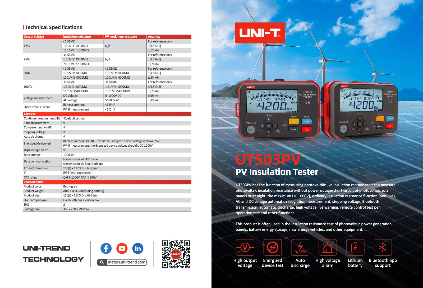 Technisches Datenblatt Seite 1: Spezifikationen und Gerätemerkmale des UNI-T UT503PV Photovoltaik-Testers.