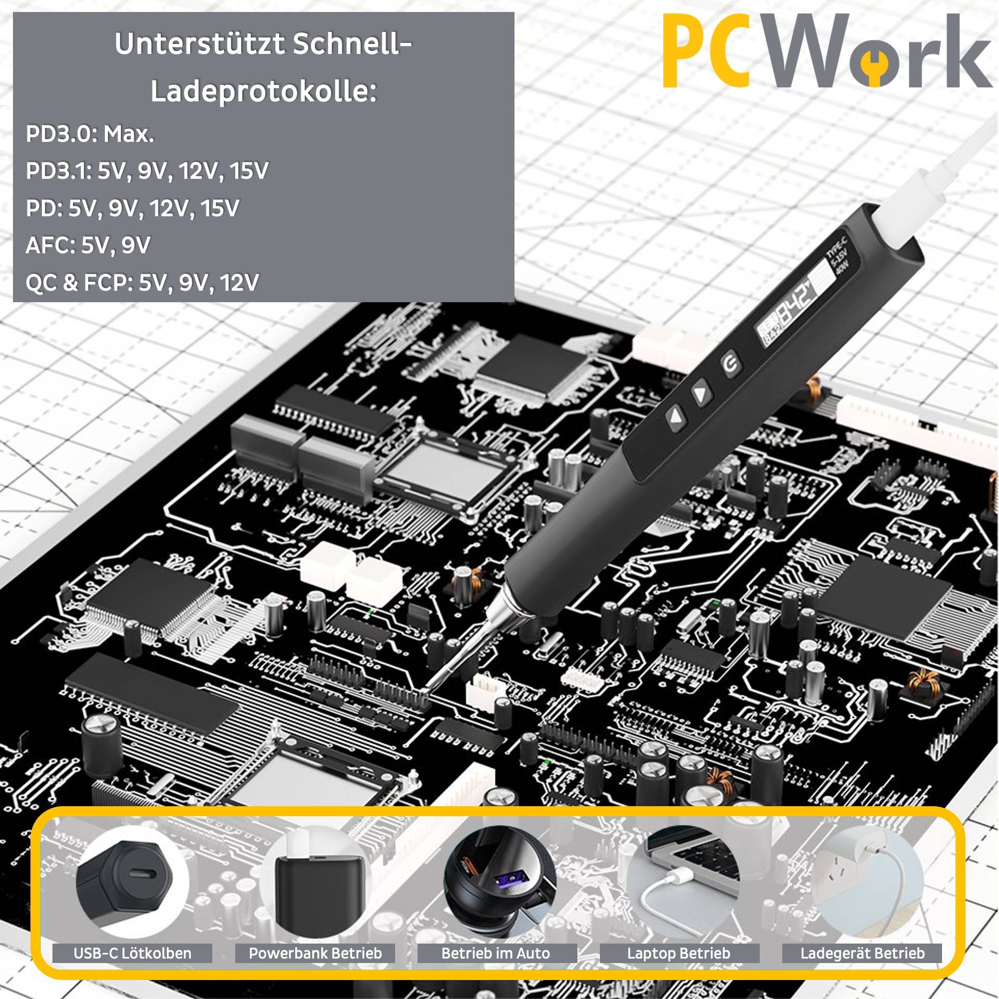 Infografik des PCWork PCW09D USB-C Lötkolbens, die flexible Stromversorgung via Powerbank oder Laptop und unterstützte Schnellladeprotokolle zeigt.