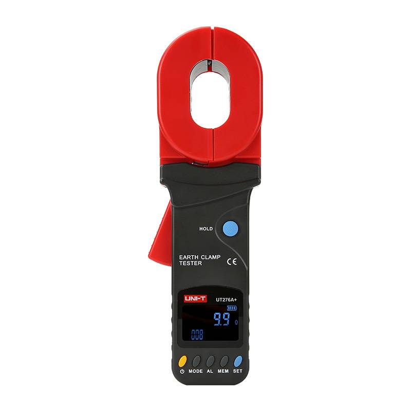 UNI-T UT276A+ Erdungsmesszange zur Messung des Erdungswiderstands, Frontansicht mit eingeschaltetem Display.