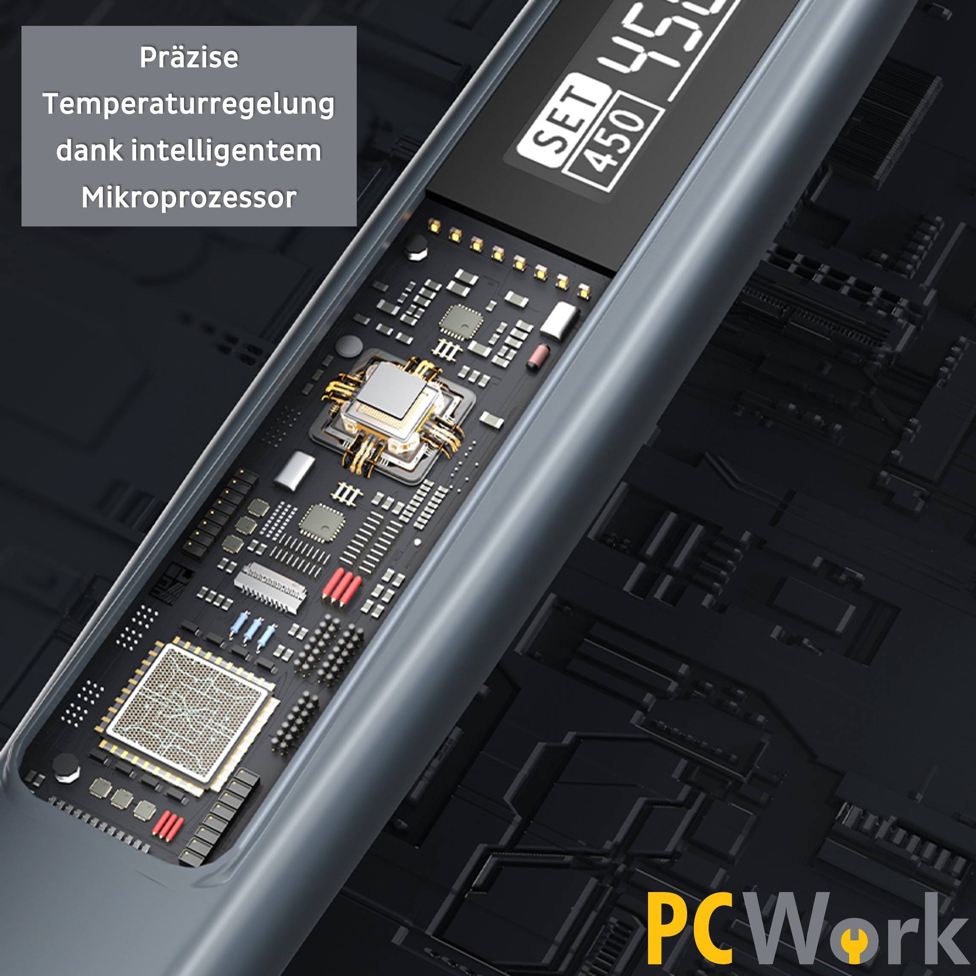 PCWork PCW09D Lötkolben mit intelligentem Mikroprozessor für präzise Temperaturregelung, sichtbar auf dem OLED-Display.