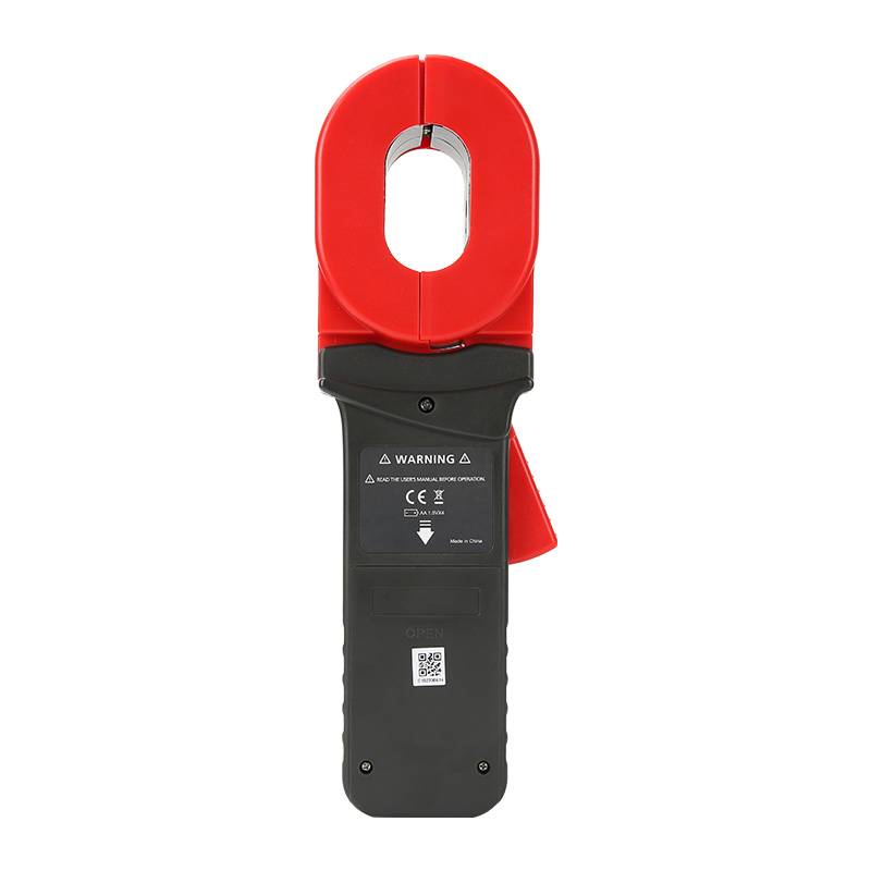 Rückseite der UNI-T UT276A+ Erdungsmesszange mit Warnhinweisen und CE-Kennzeichnung.