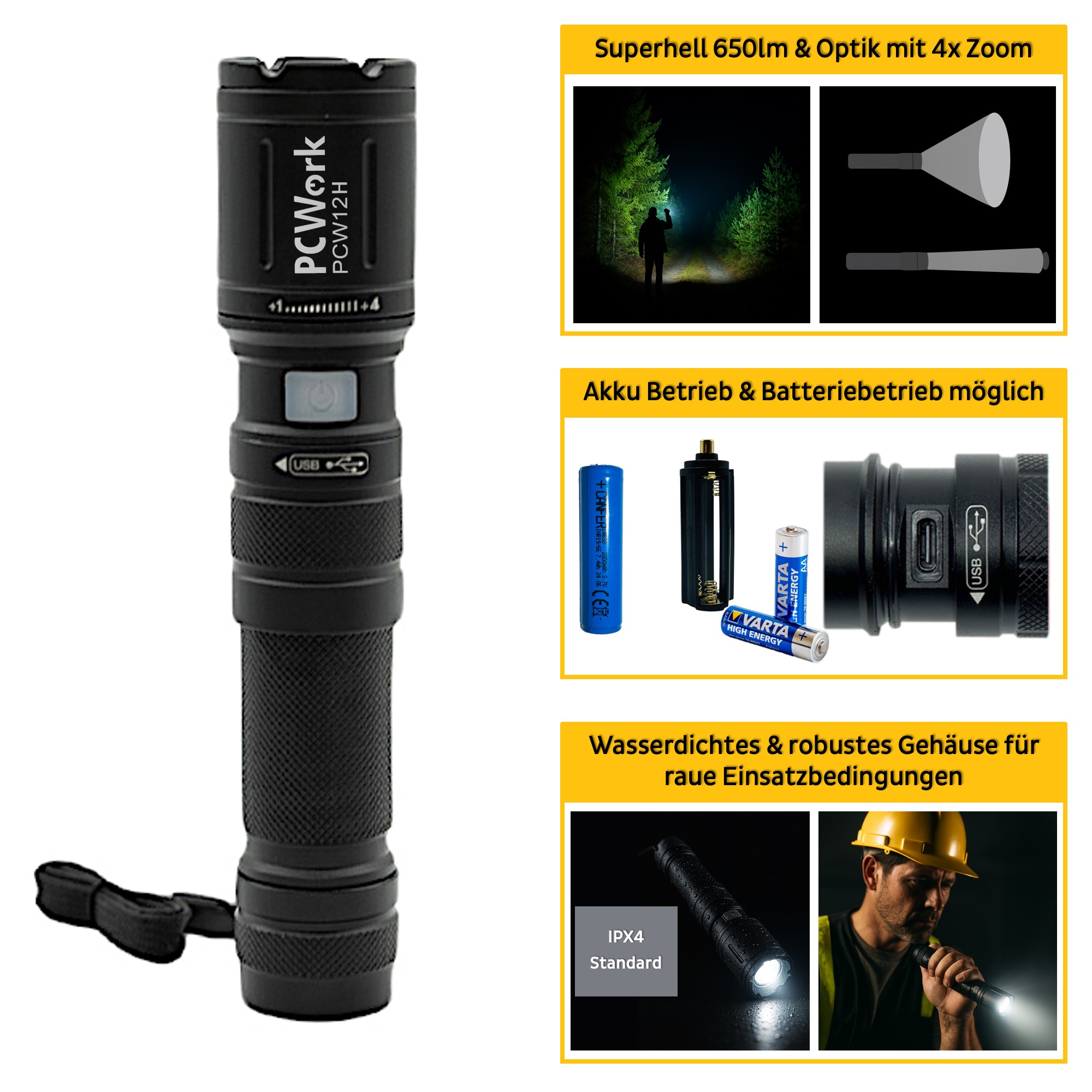 PCW12H LED Taschenlampe wiederaufladbar Hybrid 650lm Zoom wasserdicht