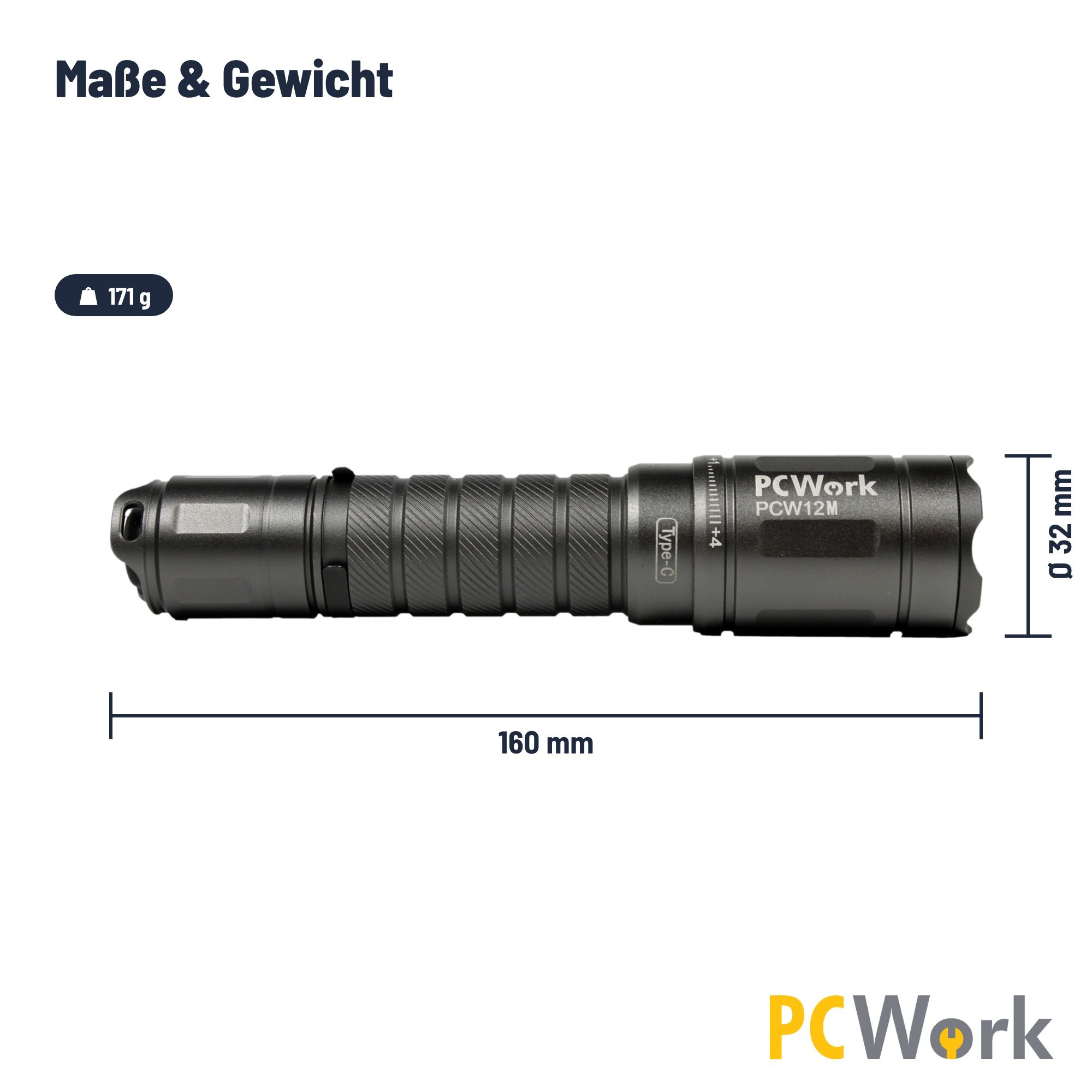 Abmessungen von 160 mm Länge und 32 mm Durchmesser der PCW12M LED-Taschenlampe