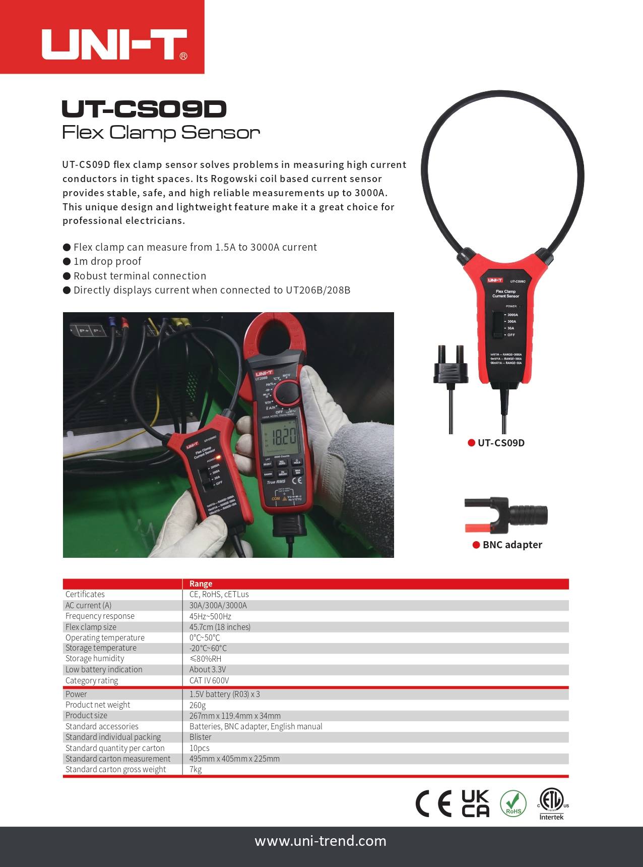 Datenblatt des UNI-T UT-CS09D Stromzangensensors mit allen technischen Daten, Features und der CAT IV 600V Sicherheitszertifizierung.