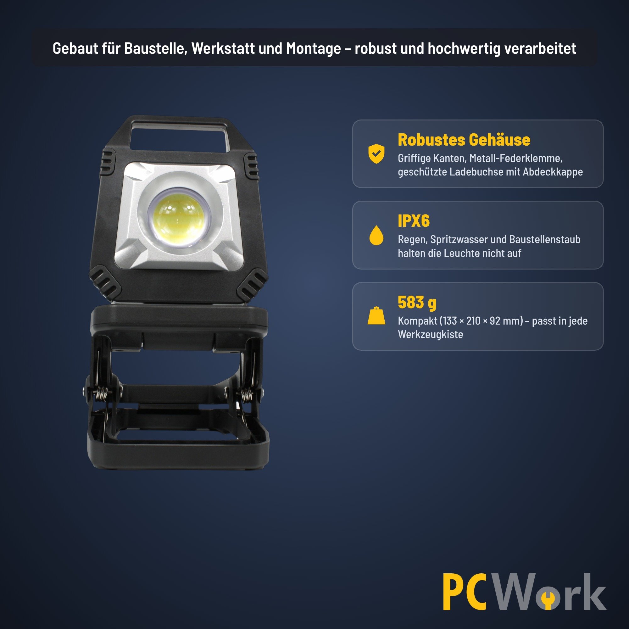 PCW12P Arbeitsleuchte mit kompaktem 583g Gehäuse und widerstandsfähiger Bauweise