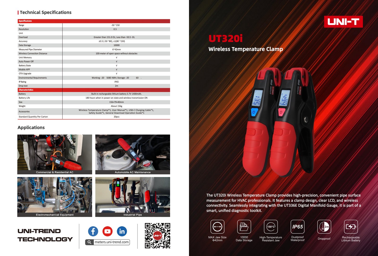 Technisches Datenblatt Seite 1: Spezifikationen und Einsatzgebiete der Temperaturzange UT320i