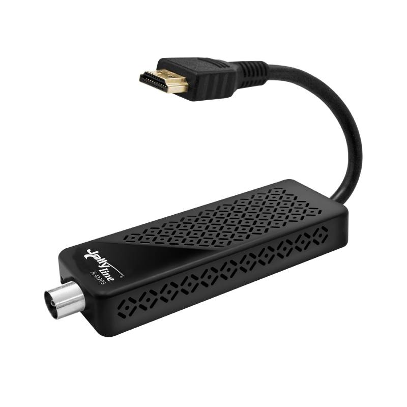 Kompakter DVB-T2 HD Receiver JL43703 als Stick mit integriertem HDMI-Kabel für den Empfang von freien HD-Sendern.