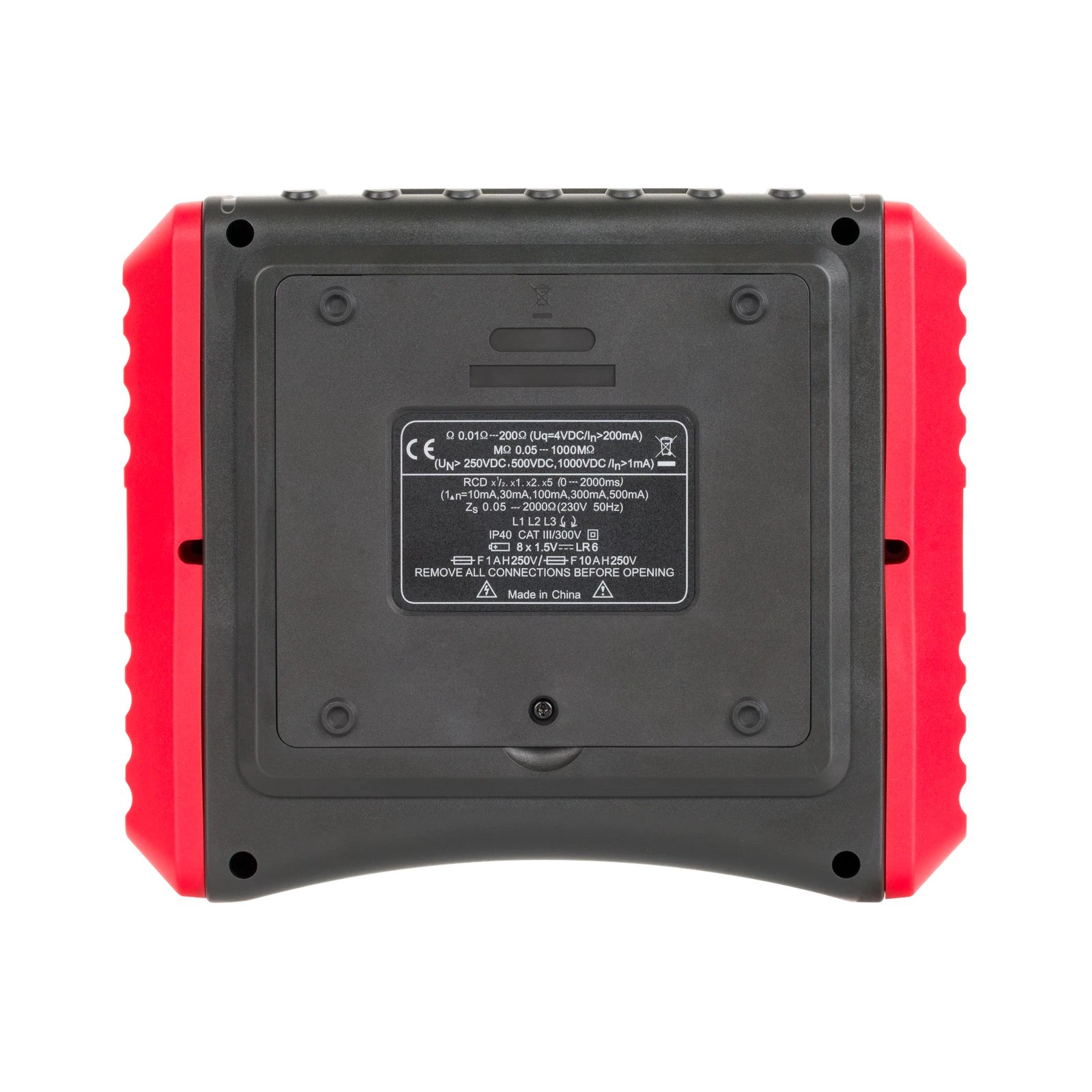 Rückseite des UNI-T UT595 Installationstesters mit Batteriefach, Typenschild und technischen Kennwerten.