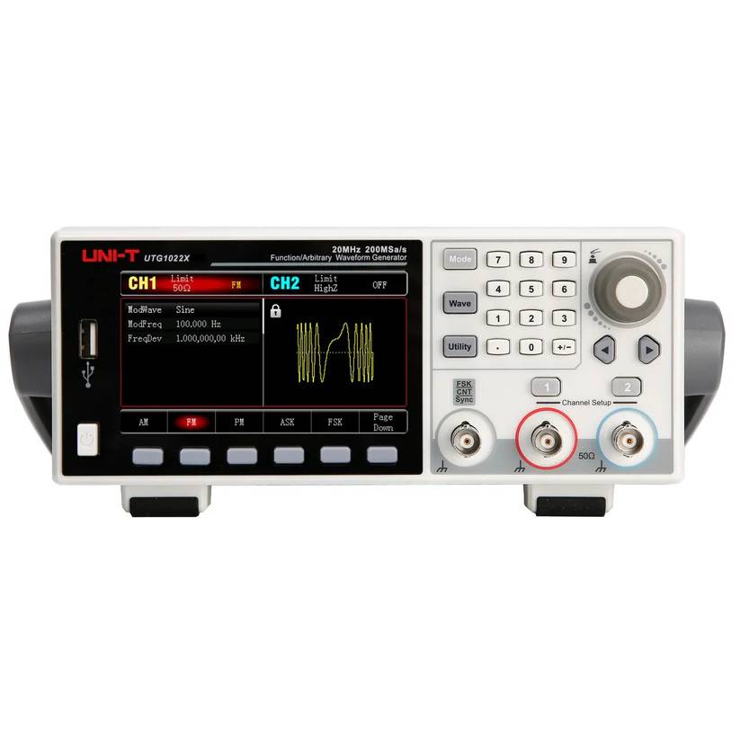 Frontansicht des UNI-T UTG1022X Zweikanal-Funktionsgenerators mit eingeschaltetem Display, das eine Wellenform anzeigt.
