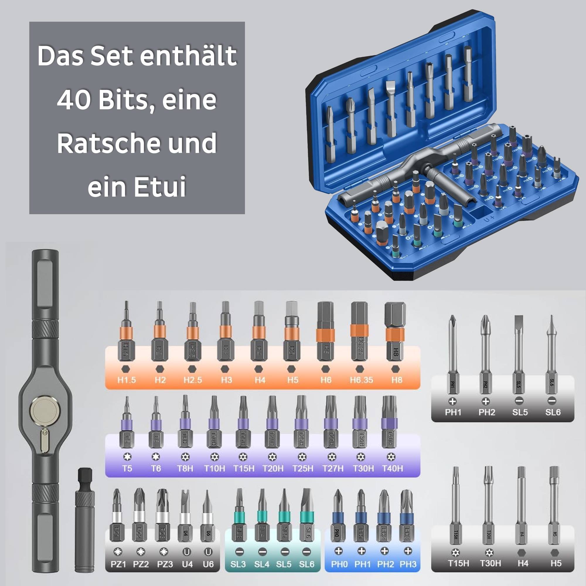 Lieferumfang des PCWork PCW08K Feinmechanik Sets: 40 Bits, eine Mini-Ratsche und das dazugehörige Etui.
