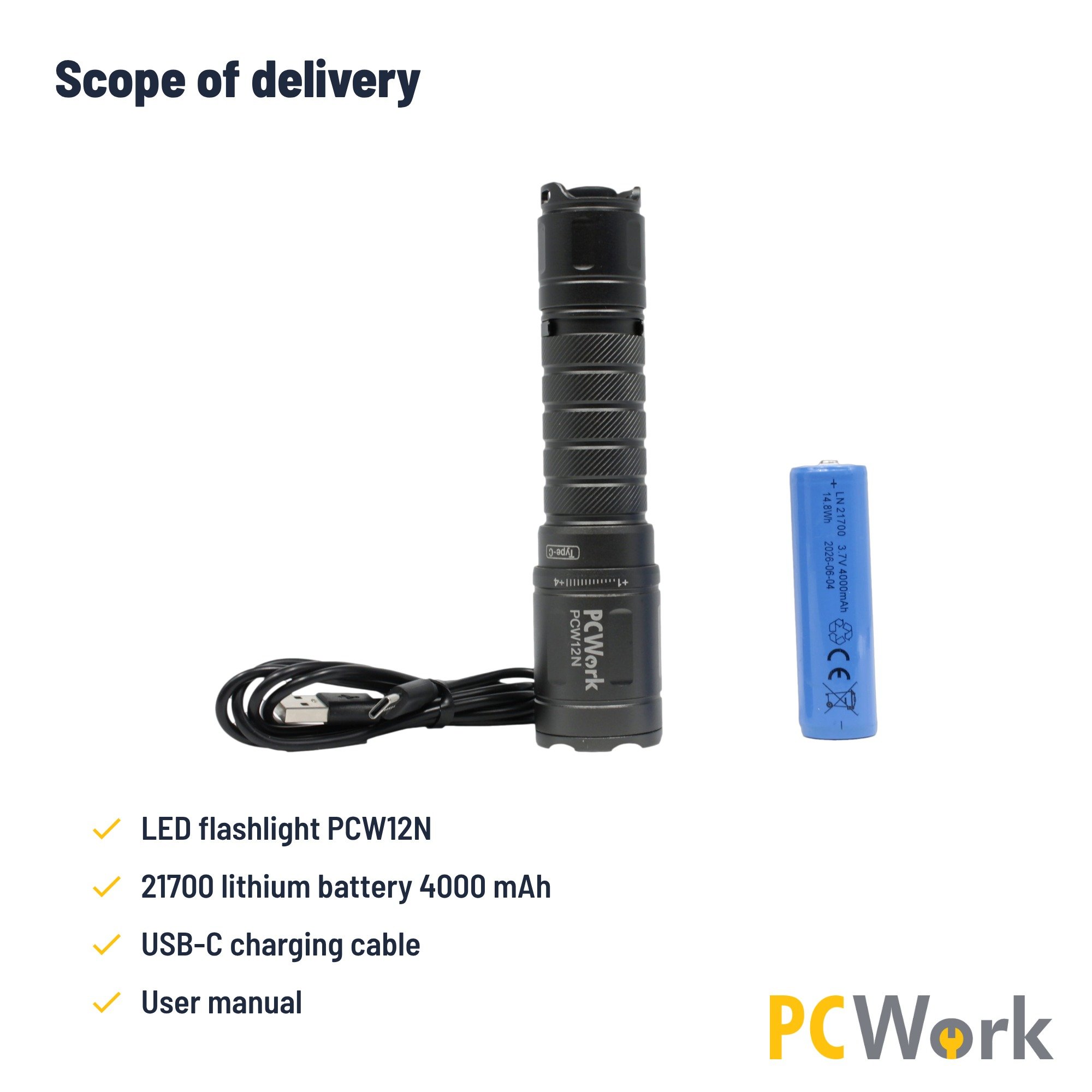 PCW12N Lieferumfang auf Englisch mit Taschenlampe, Li-Ion-Akku, USB-C-Kabel und Handbuch