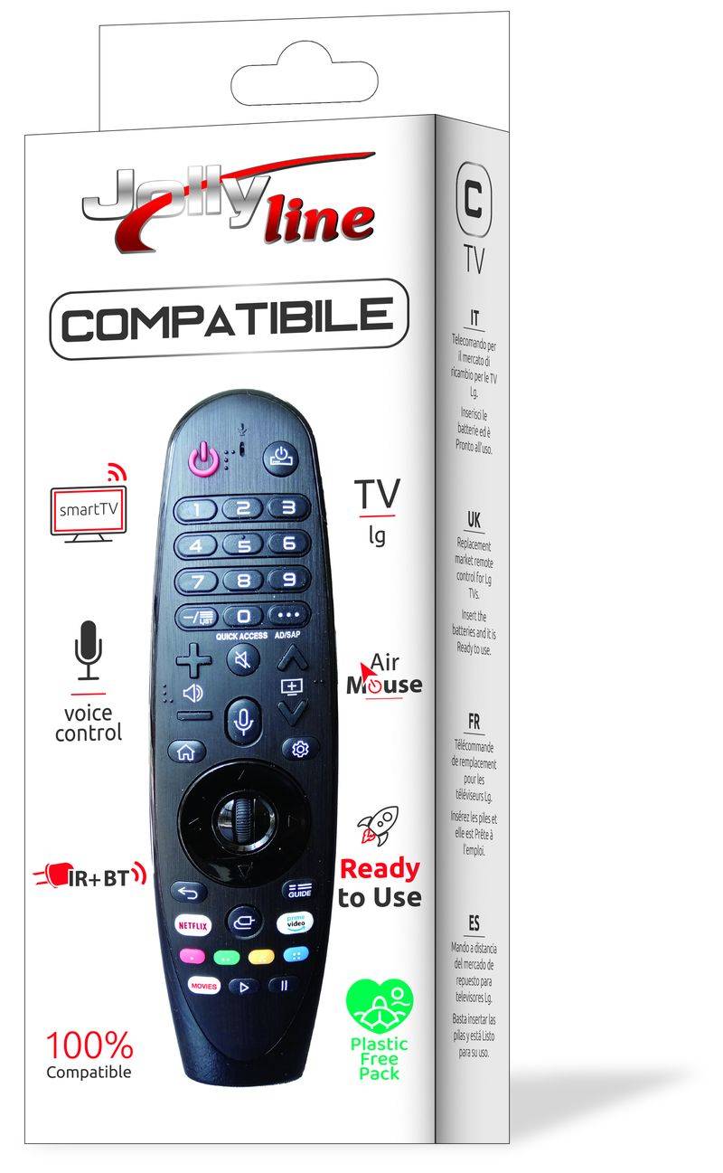Die Universalfernbedienung JL1502 für LG Fernseher mit ihrer plastikfreien Verpackung, die Merkmale wie Air Mouse und Sprachsteuerung hervorhebt.