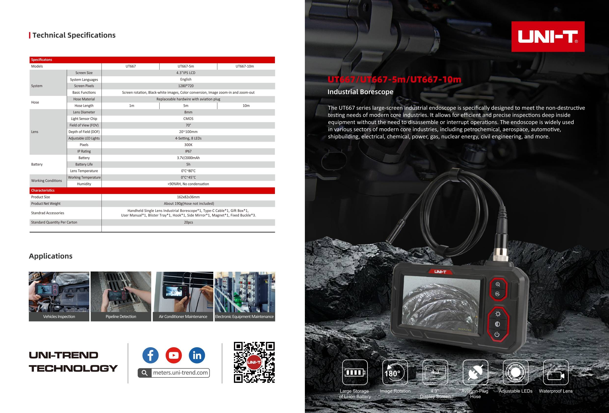 Datenblatt des UNI-T UT667 Industrie-Endoskops mit technischen Spezifikationen und Anwendungsbeispielen.