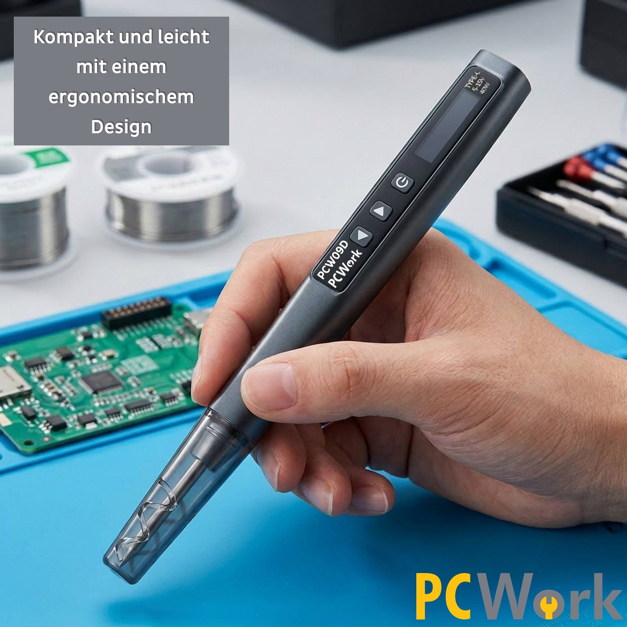 Der leichte und kompakte PCWork PCW09D USB-C Lötkolben liegt dank ergonomischem Design gut in der Hand.