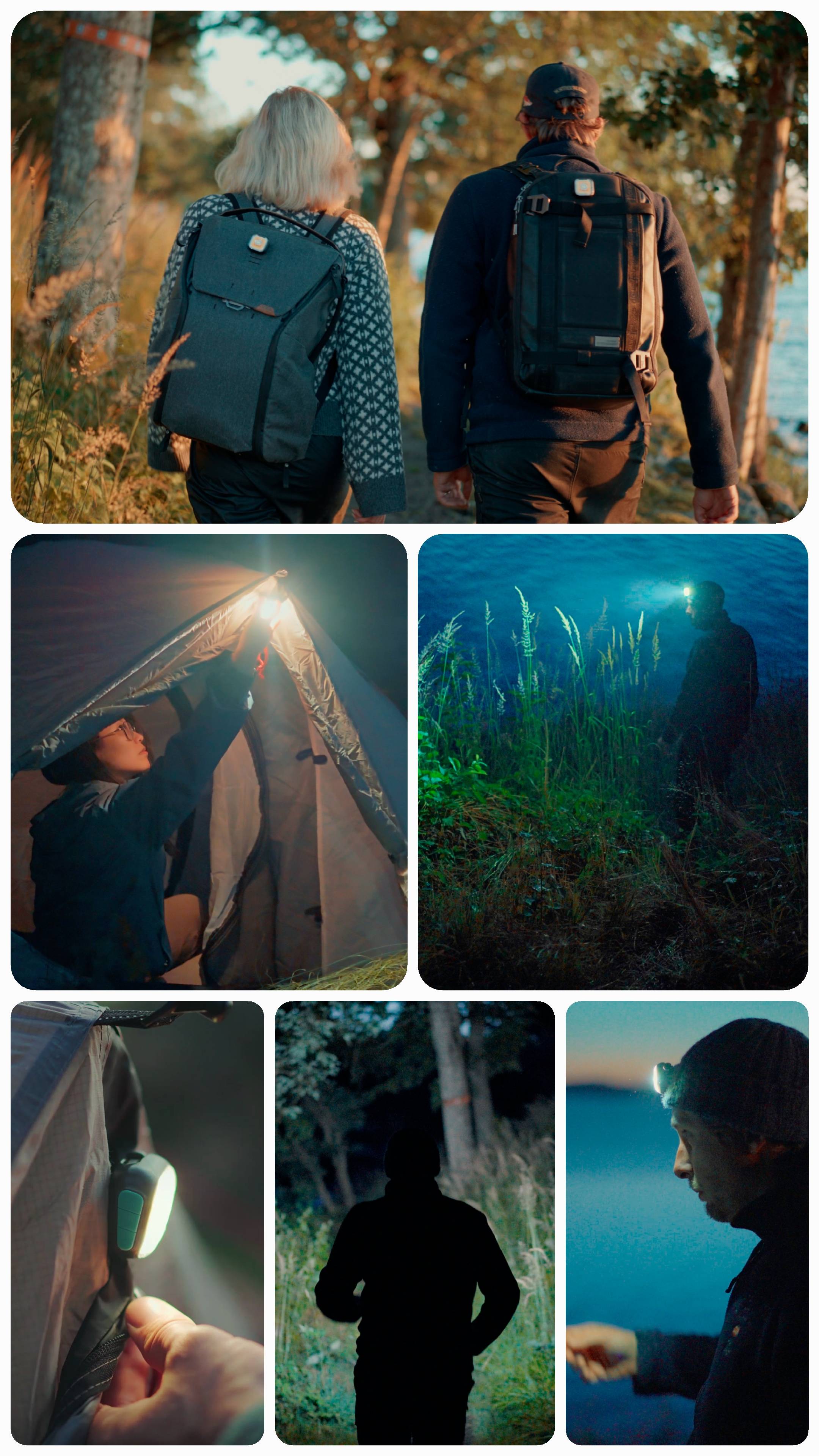 Collage mit verschiedenen Outdoor-Aktivitäten, bei denen die MEOLINQ Light01 zum Einsatz kommt, wie Wandern, Zelten und Laufen bei Nacht.
