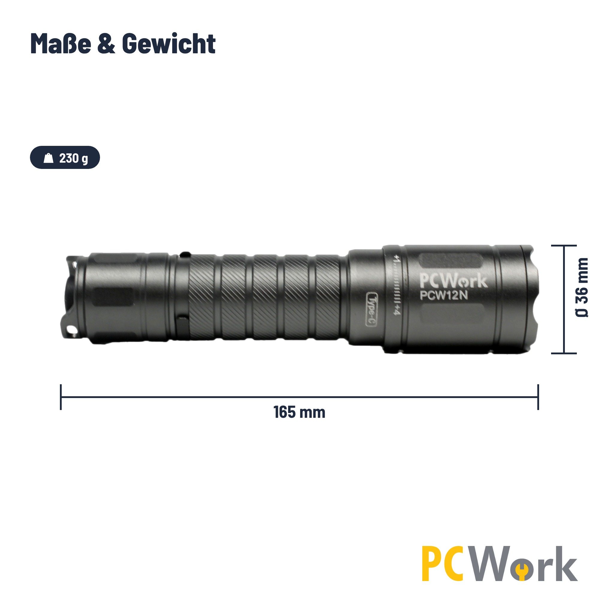PCW12N Abmessungen mit 165 mm Länge und 36 mm Durchmesser sowie 230 g Gewicht