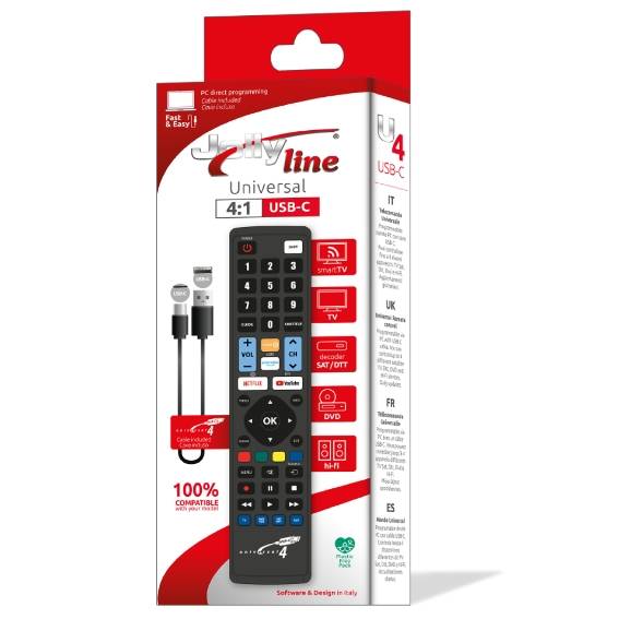 Verpackung der Jovylne Universal 4:1 USB-C Fernbedienung JL3088USB für Smart TV und SAT-Receiver.