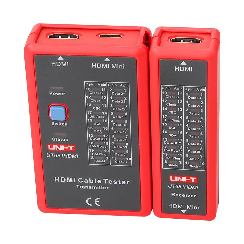 Draufsicht des UT681HDMI Kabeltesters, die die HDMI- und Mini-HDMI-Anschlüsse am Transmitter und Receiver für eine schnelle Fehlerdiagnose deutlich zeigt.