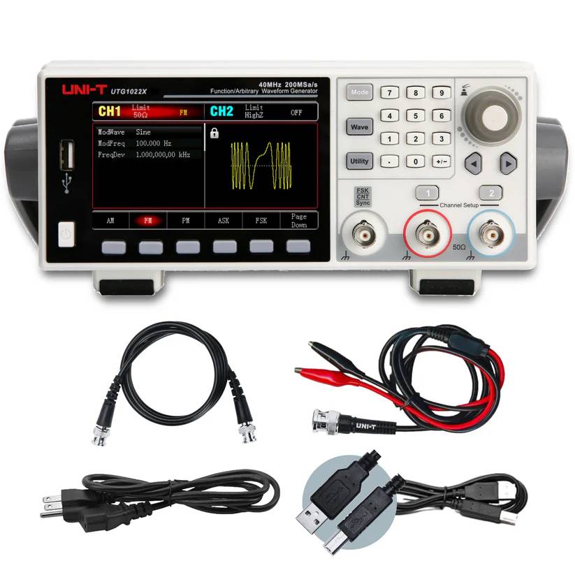 UNI-T UTG1022X Funktionsgenerator mit komplettem Zubehör, einschließlich BNC-Kabel, Netzkabel und USB-Kabel.