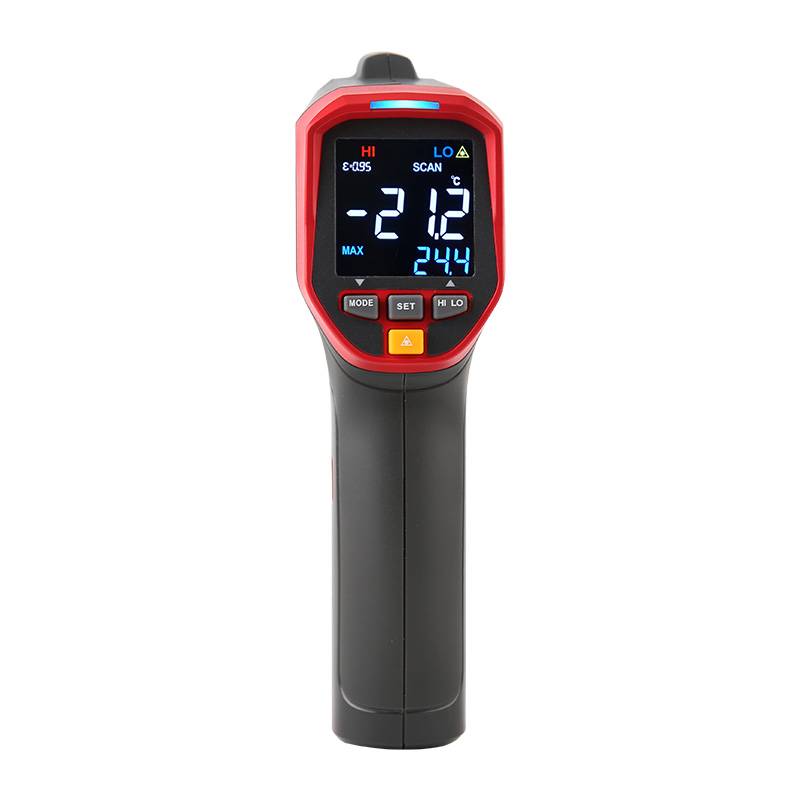 Frontansicht des UNI-T UT305S Infrarot-Thermometers, das eine Minustemperatur von -21.2 Grad Celsius misst.