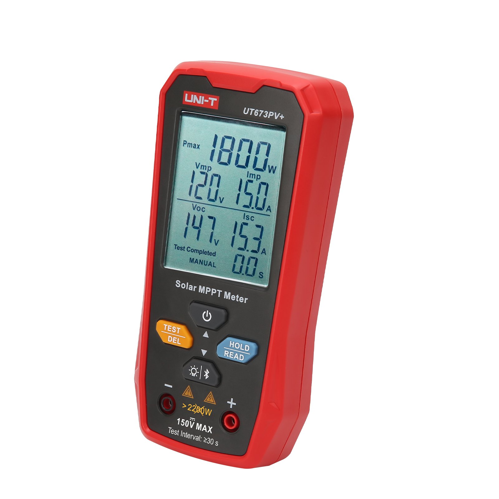 Seitenansicht des UNI-T UT673PV+ Solar MPPT Testers mit MC4 Buchsen und robuster Hülle
