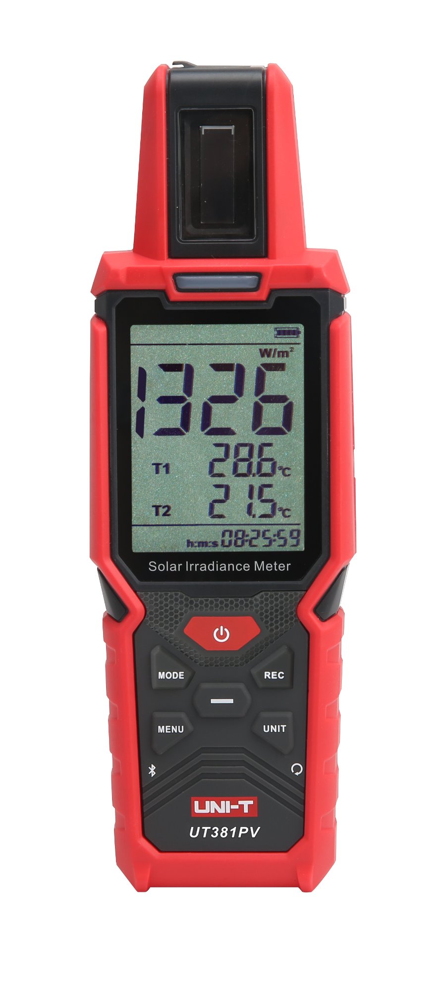 Frontansicht des UNI-T UT381PV mit Displayanzeige für Einstrahlung und zwei Temperaturkanäle.