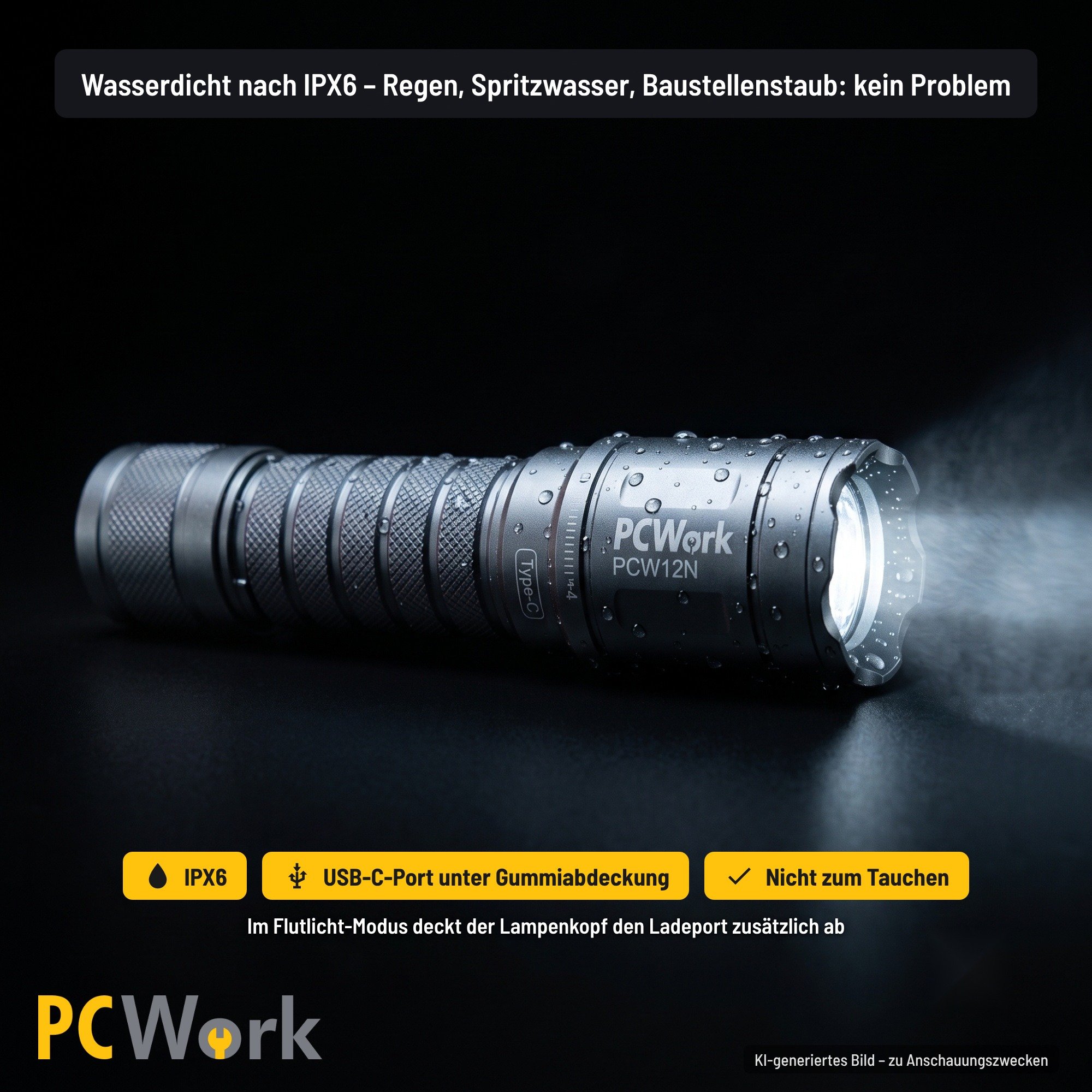 PCW12N Taschenlampe mit Wassertropfen benetzt nach IPX6 wasserdicht geschützt
