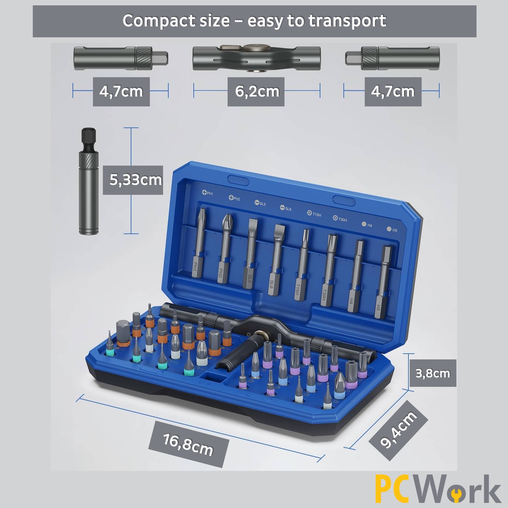 Die kompakten Maße des PCWork PCW08K Feinmechanik-Sets im Koffer (16,8 x 9,4 cm) machen es leicht transportierbar.