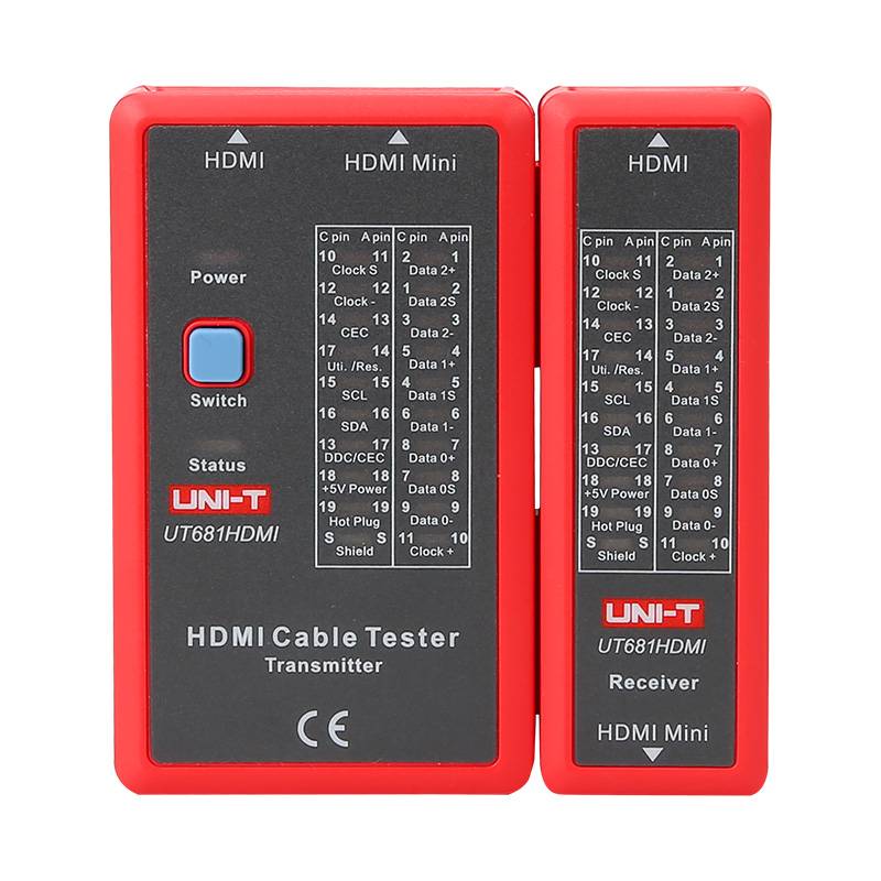 Detailansicht des UT681HDMI Kabeltesters mit Transmitter und Receiver, der die übersichtliche LED-Anzeige für die Pinbelegung von HDMI und Mini-HDMI Kabeln zeigt.