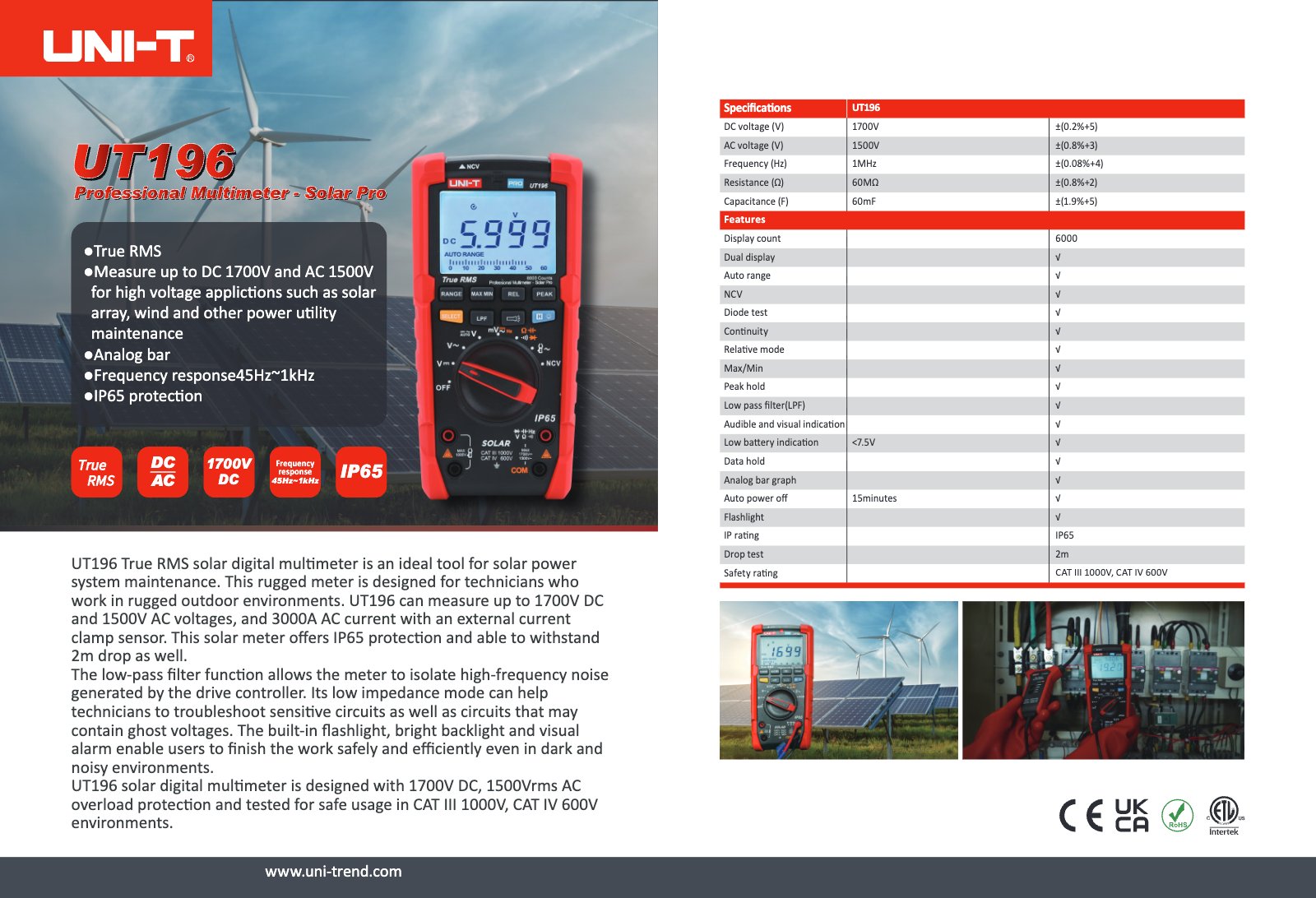 Technisches Datenblatt Seite 1: Spezifikationen und Merkmale des UT196 Solar Multimeter.