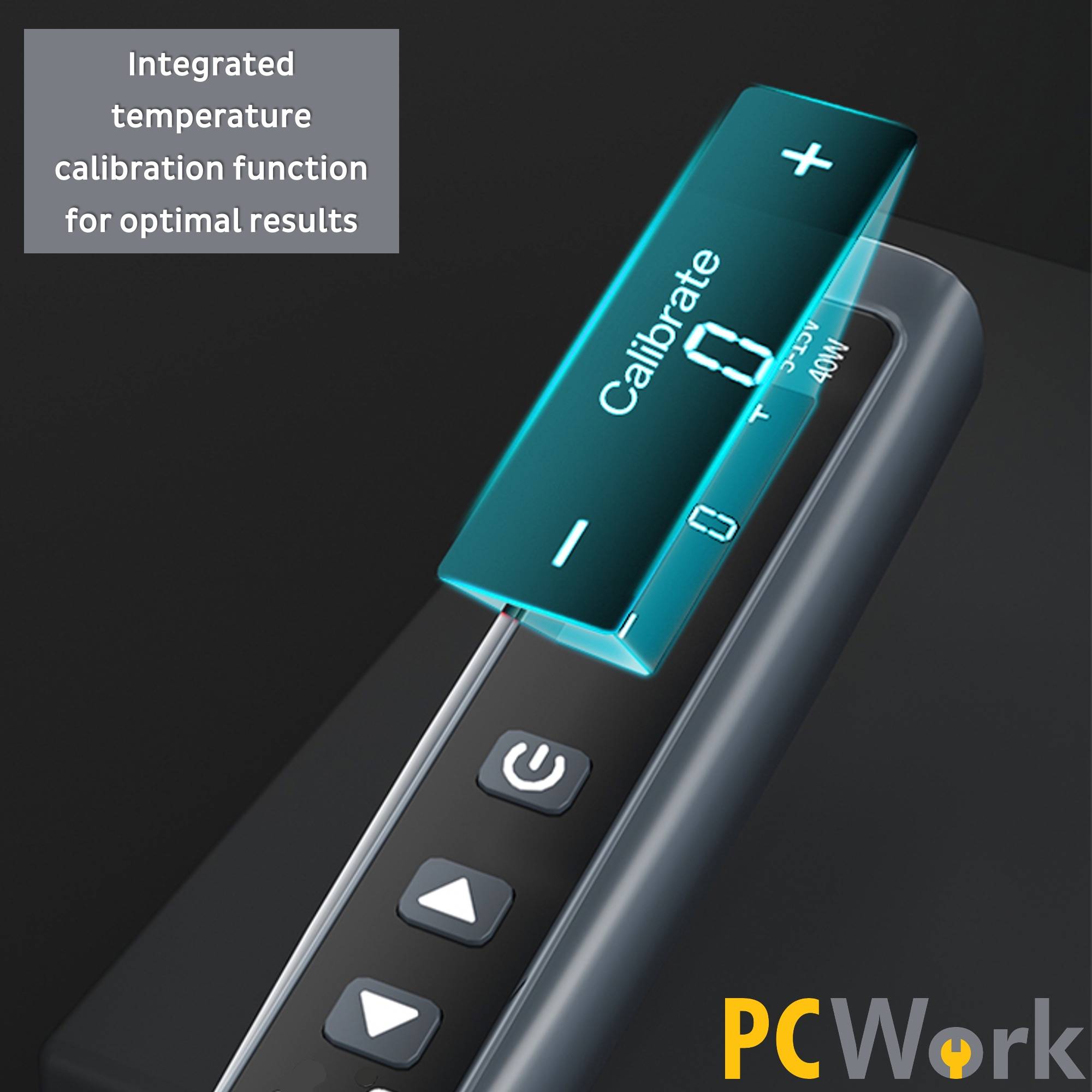 Die integrierte Kalibrierungsfunktion des PCWork PCW09D Lötkolbens, dargestellt auf dem klaren OLED-Display.