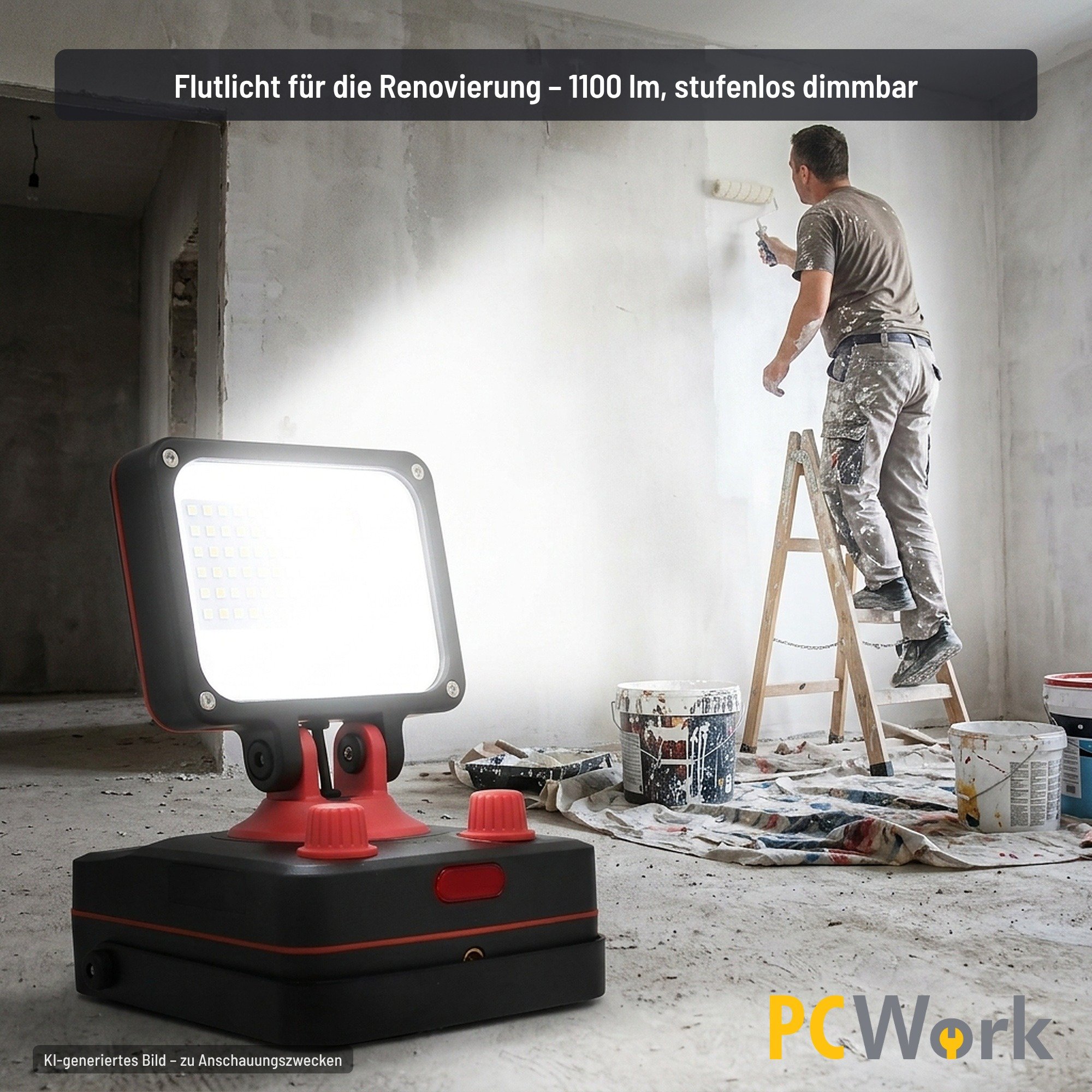PCW12Q LED-Baustrahler im praktischen Renovierungseinsatz beim Wandanstrich
