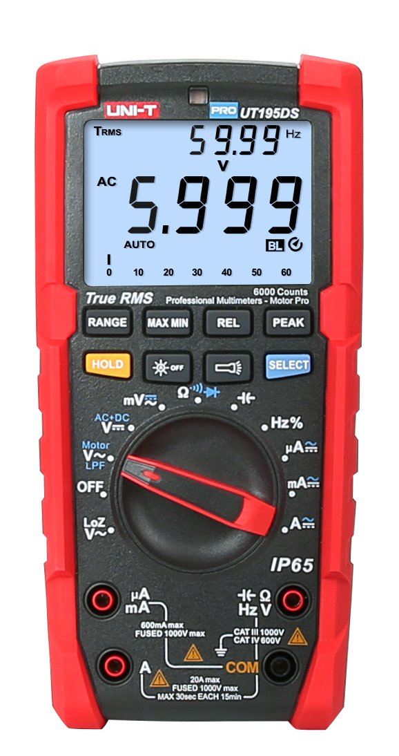 Frontale Nahaufnahme des UT195DS Digitalmultimeters mit Anzeige von 5.999 V AC und Frequenz.