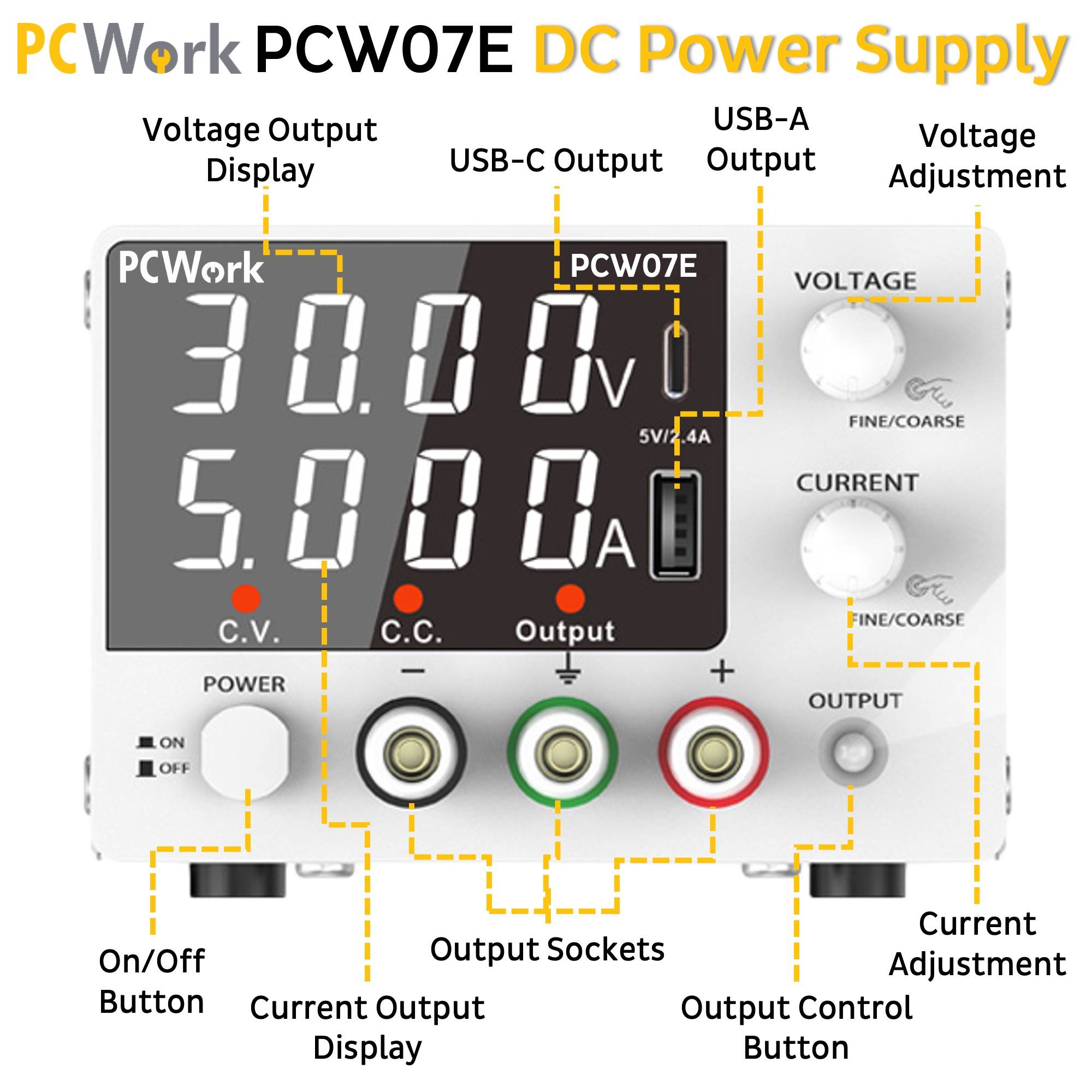Detaillierte Ansicht des PCWork PCW07E Labornetzteils mit englischen Beschriftungen der Bedienelemente wie Display, Knöpfe und Anschlüsse.