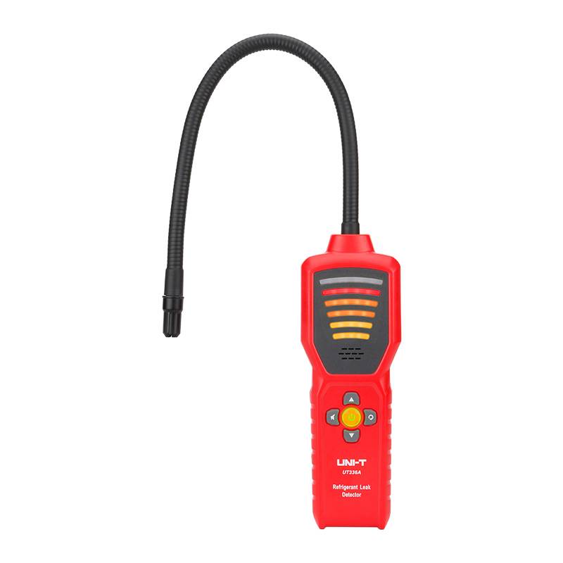 Frontansicht des UNI-T UT336A Kältemittel-Lecksuchgeräts mit flexiblem Sensorarm und LED-Anzeige zur schnellen Lecksuche.