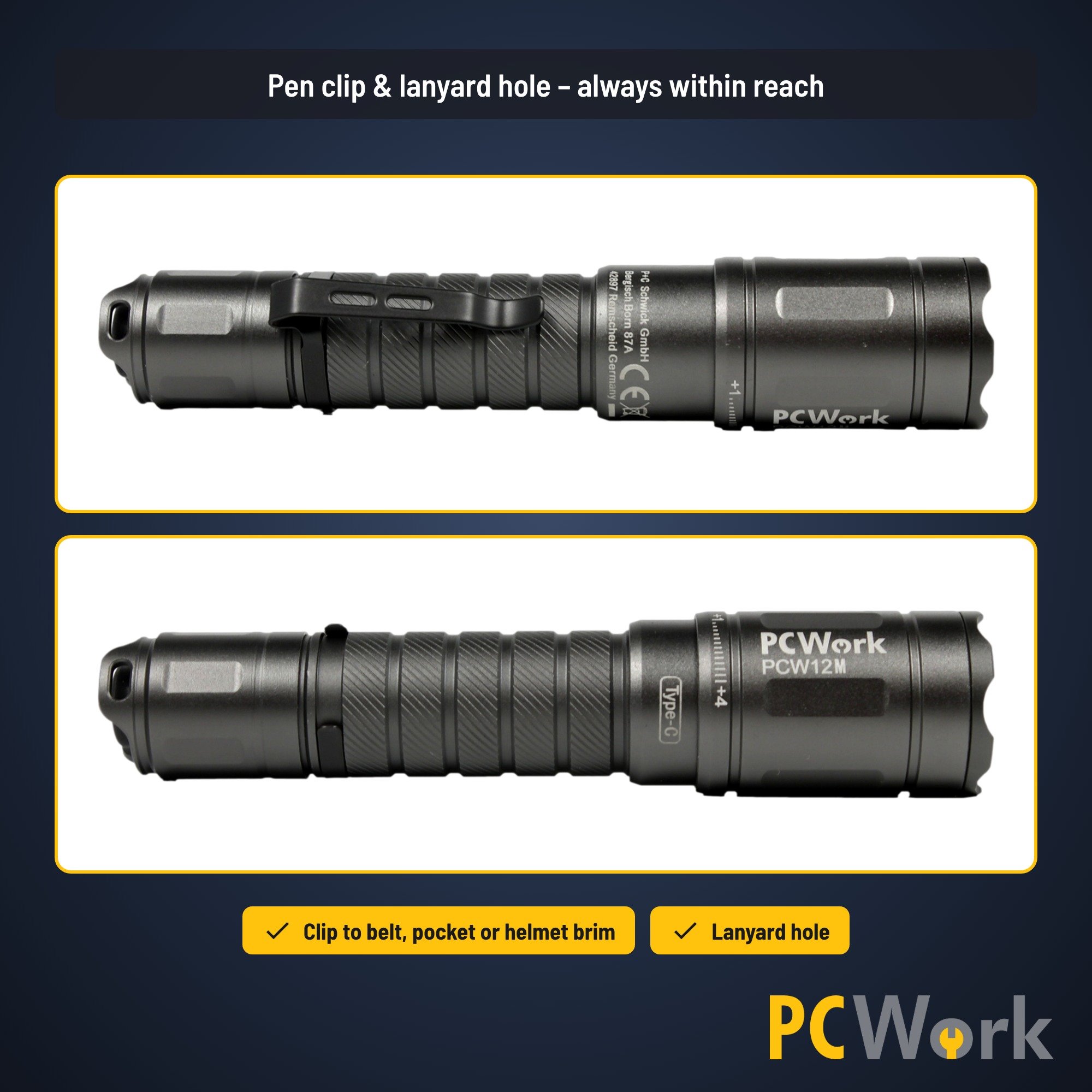 Tragemöglichkeiten der PCW12M LED-Taschenlampe mit Taschenclip und Öse auf Englisch