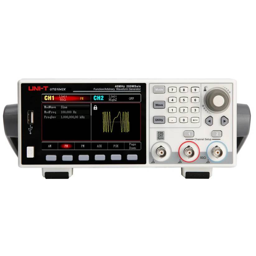 Frontansicht des UNI-T UTG1042X Funktionsgenerators mit eingeschaltetem Display, das eine Wellenform auf Kanal 2 anzeigt.