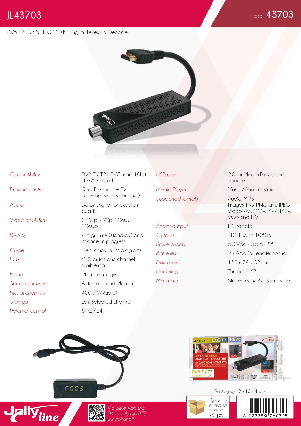 Technisches Datenblatt des DVB-T2 Receivers JL43703 mit allen Spezifikationen wie H.265 HEVC, Dolby Audio und USB-Anschluss.