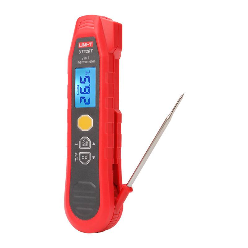UNI-T UT320T 2-in-1 Thermometer mit ausklappbarem Einstichfühler und Infrarotsensor, Seitenansicht.