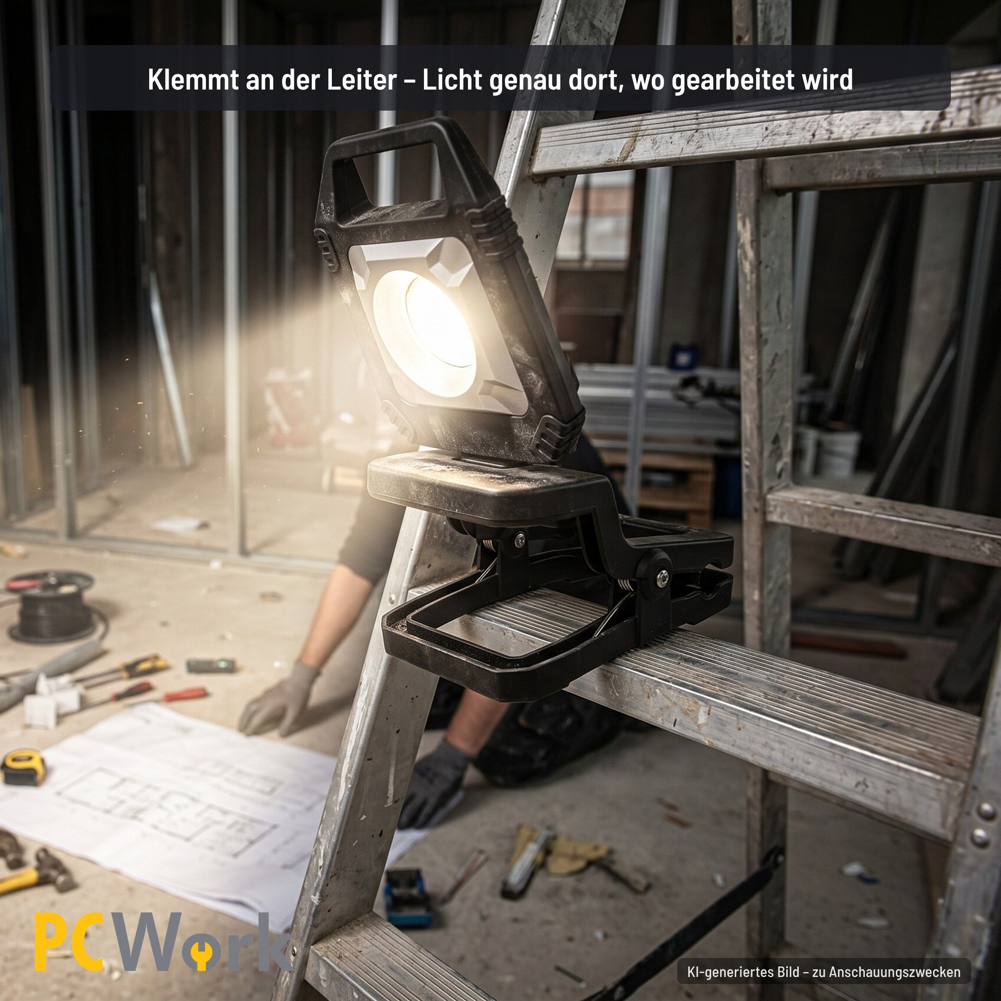 PCW12P LED-Leuchte an einer Leiter festgeklemmt zur Ausleuchtung einer Baustelle