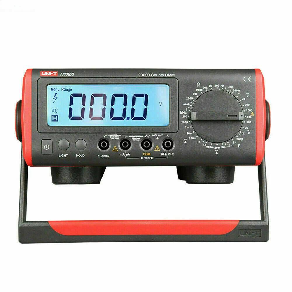 UNI-T UT802 Tischmultimeter mit großem 20.000 Counts True-RMS Display für präzise Messungen von Spannung und Strom.